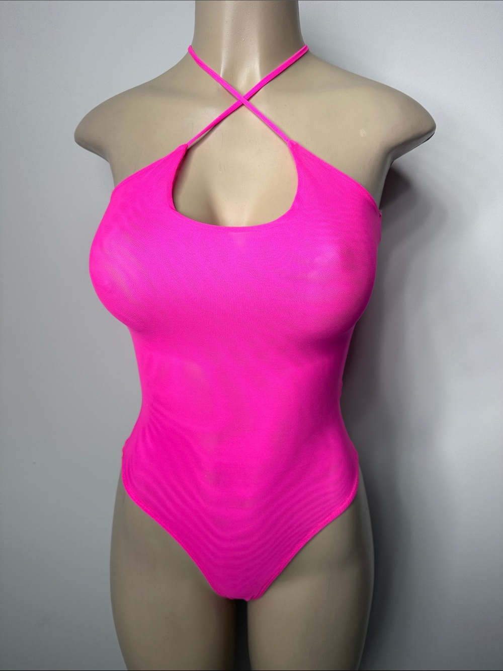 Neon Pink Crisscross Halter Bodysuit